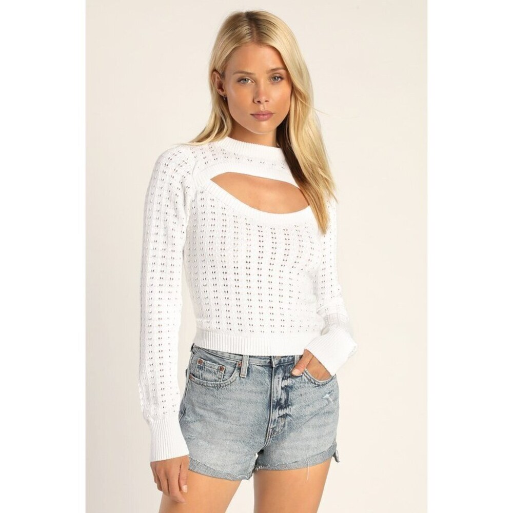 Lulus Poin-telle Me About It White Pointelle Knit Cutout Sweater - Size M